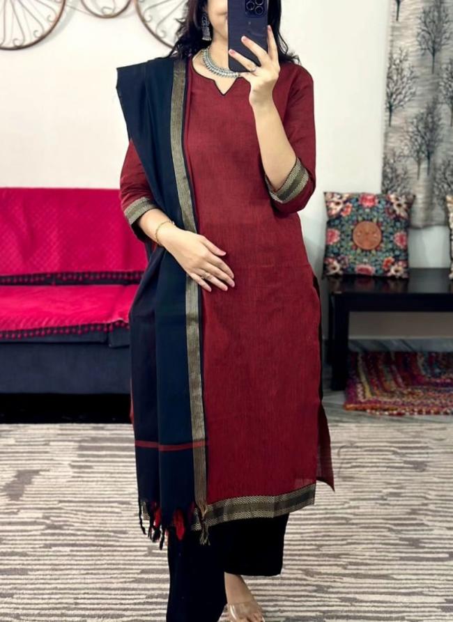 Cotton Maroon Festival Wear Lace Work Readymade Kurti With Pant And Dupatta